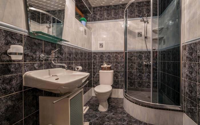 Kúpeľňa so sprchovacím kútom a toaletou