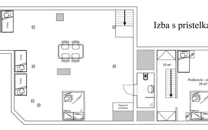 Multifunkčná miestnosť - izba na spanie Priestor je možné využiť ako " izbu " k dispozícií je 6 x futon = matrac na spanie s kompletným postielaním. k dispozícií je kuchynka na nápoje a kompletné kúpeľná. priestor má samostatné schodisko, so vstupnou miestnosťou s posedením ktorá samostatné dvere z chodby na 1. poschodí.